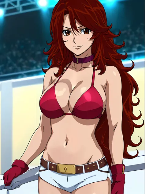 Best Quality, hires, curvy midsection, solo, 1 girl, strong woman, female wrestler, smile, happy), (detailed titration screen, upper body only, anime style: 1.8, anime drawing, ultra detailed face, ultra detailed body, 4k, Sumergai Lee Noriega, (standing),...