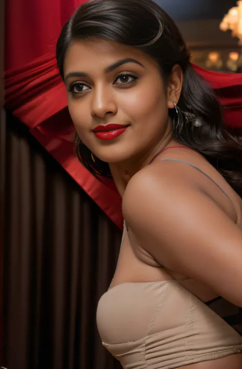 (editorial photograph of a young Indian woman with big boobs red lips)、(((black bra)))、karla ortiz, (highly detailed face:1.4) (smile:0.7) (backround 5 star hotel , moody, private study:1.3) POV, by lee jeffries, nikon d850, film stock photograph ,4 kodak ...