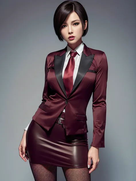 Resident Evil 4, Ada Wong, 1girl, makeup, silky hair, fully clothed, skirt suit, suit and tie, (((three-piece suit))), dress shirt, shirt and tie, necktie, ((blazer)), ((suit jacket)) ((waistcoat)), bodycon miniskirt, pantyhose, tights, stockings, red lips...