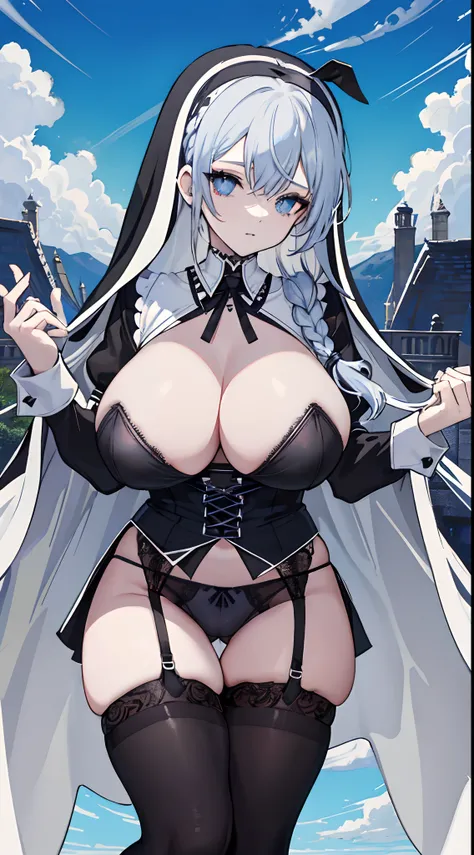 Striped hair, french braid, mismatched pupils, Chiaroscuro, with blue sky and white clouds, Gothic art, 16k, Best quality, Anatomically correct, High details，lewd nun，(huge tit)，(black pantyhoses)