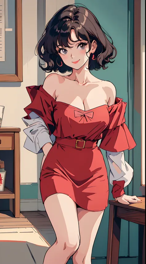 (Best quality, Masterpiece, A high resolution),1girll，nabel，underdressing，pantiess，nakeness，naked leg，underdressing，比基尼,Close-up shot，Super large breasts，Off-the-shoulder attire，cleavage，Solo,Short hair,Wavy hair,Smile,