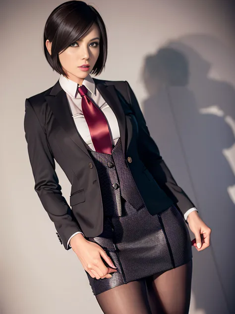 Resident Evil 4, Ada Wong, 1girl, makeup, silky hair, fully clothed, skirt suit, suit and tie, (((three-piece suit))), silk dress shirt, shirt and tie, necktie, ((blazer)), ((suit jacket)) ((waistcoat)), bodycon miniskirt, pantyhose, tights, stockings, red...