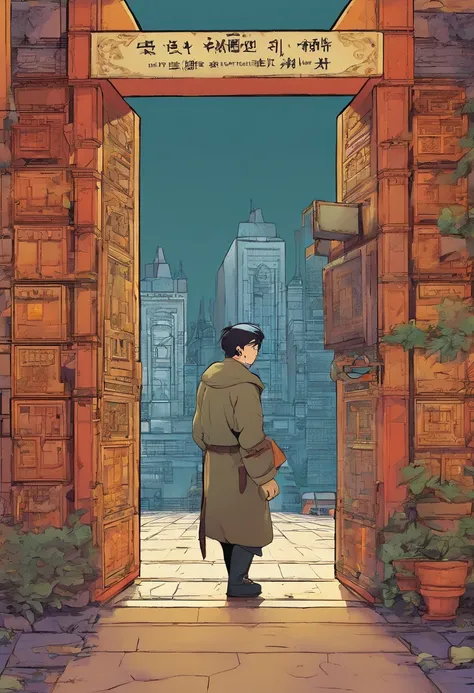 Scene Description: A person stands in front of a massive city gate with a sign made of tiles above it that reads, "No Return Apartments." The city gate towers into the sky, giving a sense of solemnity and oppression. On the gate, there is a huge mural depi...