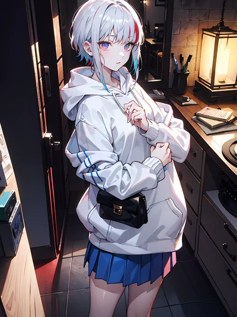 A girl with white hair，There are blue and red dyes in the hair，White hoodies，Short purple skirt，black leather clothes