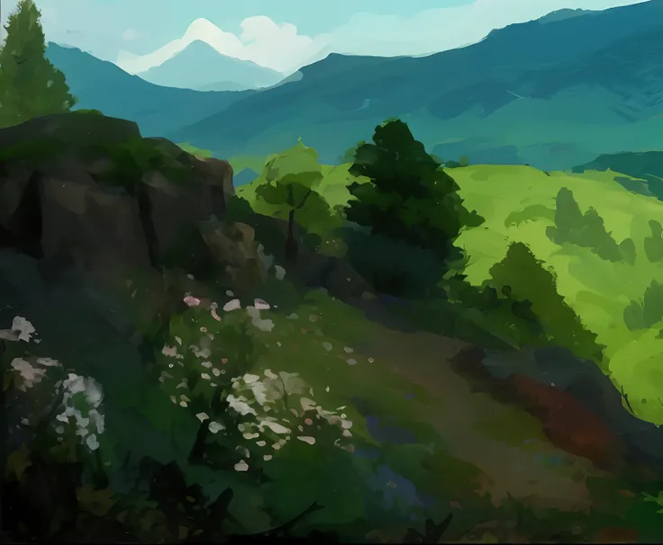 A scene，There are flowers and plants in the foreground，There are stones in the back，Far Mountain