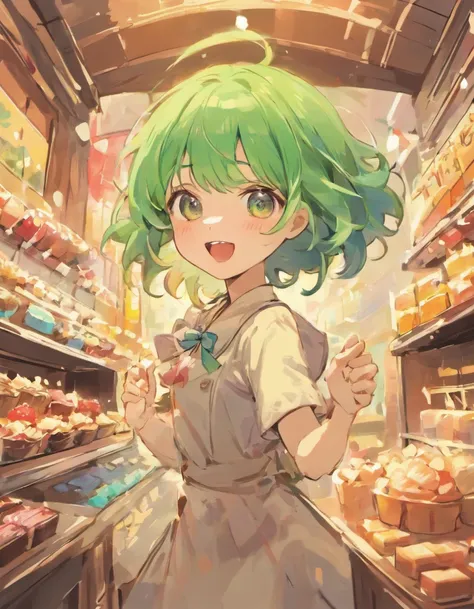 Little girl、Green hair color、Laughing、Holding chocolate in hand、World of Sweets、Chocolate、a cake、iced、macaroons、Randomly placed、Pastel color design、High Tone