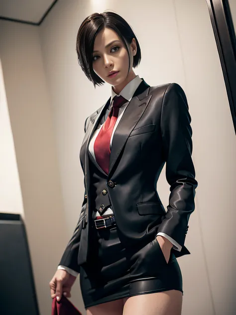 Resident Evil 4, Ada Wong, 1girl, makeup, silky hair, fully clothed, skirt suit, suit and tie, (((three-piece suit))), silk dress shirt, shirt and tie, necktie, ((blazer)), ((suit jacket)) ((waistcoat)), bodycon miniskirt, pantyhose, tights, stockings, red...