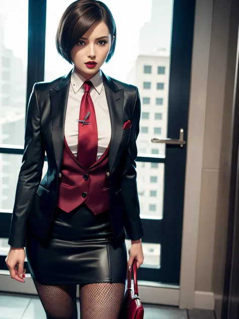 Resident Evil 4, Ada Wong, 1girl, makeup, silky hair, fully clothed, skirt suit, suit and tie, (((three-piece suit))), silk dress shirt, shirt and tie, necktie, ((blazer)), ((suit jacket)) ((waistcoat)), bodycon miniskirt, pantyhose, tights, stockings, ((r...