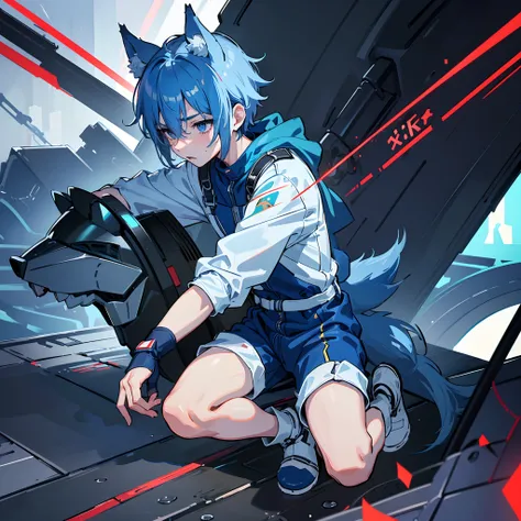 Game CG，8K quality，((younge boy))，Sense of childhood，Anime male protagonist，Wolf ears，Beast tail，Pain and despair，bleed，Locomotive goggles，Pisif，White-blue racing jumpsuit，White fingerless gloves，Racing boots，Full body like，Spread your legs，Defeat，corrupte...