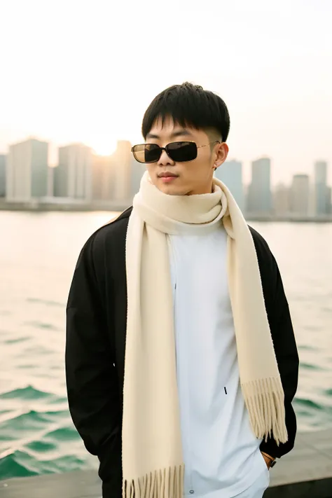 arafed asian man wearing sunglasses and a scarf on a pier, sunglasses and a scarf, wearing off - white style, inspired by Zhu Da, she is wearing streetwear, dressed with long fluent clothes, shinji, profile shot, inspired by Wang E, fear of god style, wear...