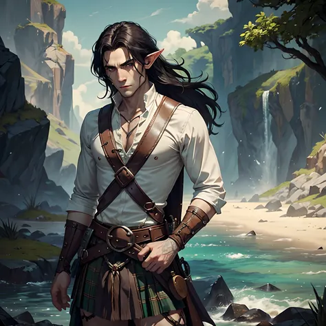 Lonely male elf. a pirate. ah high. pale skin. Long black hair. A manly face. scar on face. without a beard. Leather bib with shirt. Scotch Kilt. rapier. stands. On the island