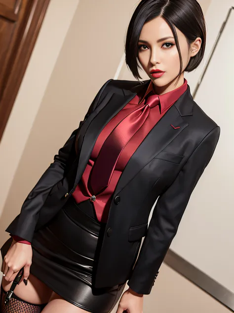 Resident Evil 4, Ada Wong, 1girl, makeup, silky hair, fully clothed, skirt suit, suit and tie, (((three-piece suit))), silk dress shirt, shirt and tie, necktie, ((blazer)), ((suit jacket)) ((waistcoat)), bodycon miniskirt, pantyhose, tights, stockings, ((r...