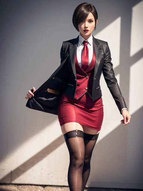 Resident Evil 4, Ada Wong, 1girl, makeup, silky hair, fully clothed, skirt suit, suit and tie, (((three-piece suit))), silk dress shirt, shirt and tie, necktie, ((blazer)), ((suit jacket)) ((waistcoat)), bodycon miniskirt, pantyhose, tights, stockings, ((r...