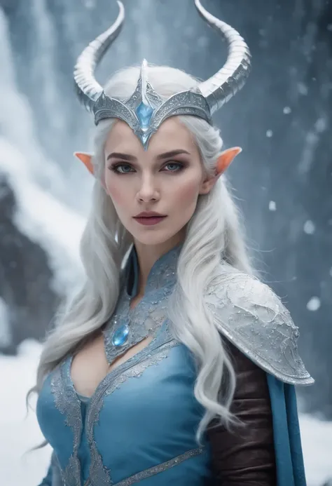 Blue Skin Color as Avatar Movie, White-haired woman dressed in a suit with horns and a crown, Queen of Ice and Storm, Ice Witch, Reine des glaces, Beautiful Ancient Witch of Frost, Ne zha de smite |, Reine des Enfers, La Reine des glaces, avec un mur de gl...