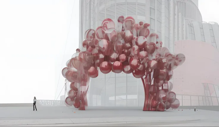 There is a large red sculpture，There are many balloons attached to it, detail render, a digital rendering, A digital rendering, author：Anna Fossley, conceptual rendering, a digital rendering, inspired by Anna Füssli, architecture render, rendering, conceit...