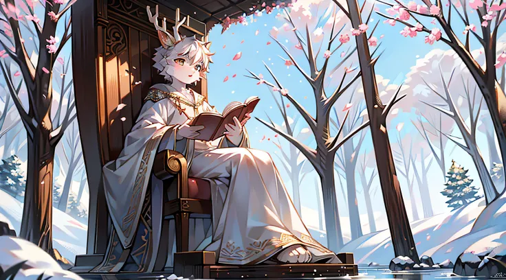 A white deer，Pear blossom tree，falling flower petals，flowing river，White robe，Green pattern，Sat down，snow covered，out a hand，ornate backdrop，Falling snowflakes，sitting  sideways，Reach for the snowflakes，k hd，solo person，arcadia，falling flower petals，Pink p...