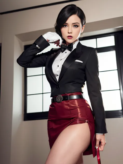 Resident Evil 4, Ada Wong, 1girl, makeup, silky hair, fully clothed, skirt suit, tuxedo, white silk dress shirt, (((buttoned up shirt))), (((black bowtie))), (((red blazer))), (((red dinner jacket with black lapel))), (((black lapels))), (((black bodycon m...