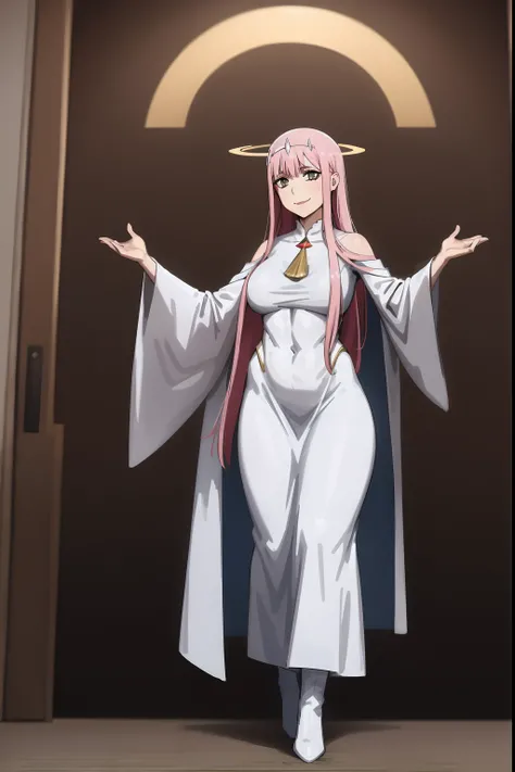 Zero Two, dress, sun halo, holy, smile, medium breast, priestess, full body, walking, divine aura, sun halo, solar halo, long skirt, porcelain skin, ethereal, graceful movement, flowing golden hair, radiant beauty, enchanting gaze, serene expression, soft ...