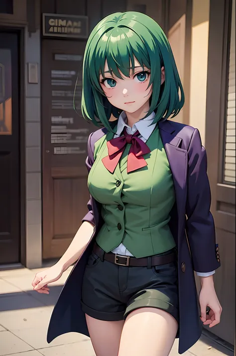 (Best quality), (masterpiece:1.3), (anime illustration:1.36), (realistic), ultra-detailed, 1girl, solo, The Gotham City Joker as a girl. Purple suit, green shirt, khaki waistcoat, green hair,