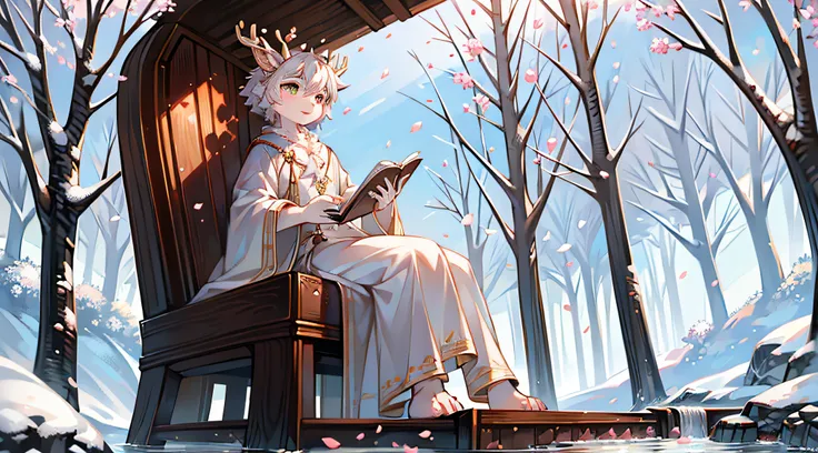 A white deer，Pear blossom tree，falling flower petals，flowing river，White robe，Green pattern，sitting on the stone，snow covered，out a hand，ornate backdrop，Falling snowflakes，sitting  sideways，Reach for the snowflakes，k hd，solo person，arcadia，falling flower p...