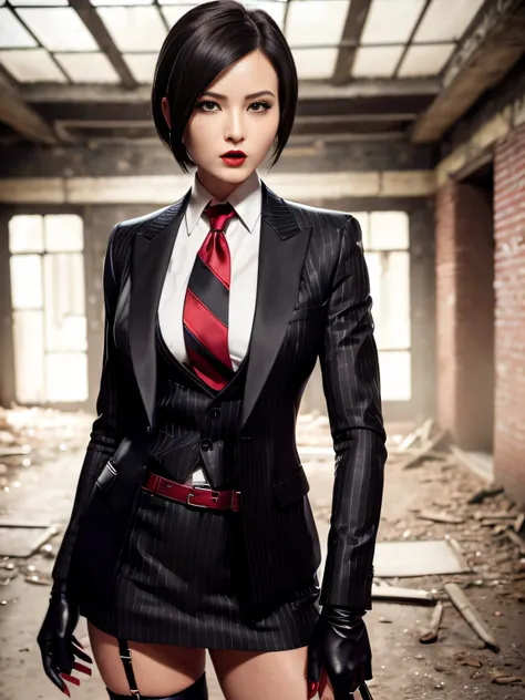 Resident Evil 4, Ada Wong, decrepit village, muddy village, muddy floor, abandoned buildings, holding pistol, on guard, ready for battle, rundown village, 1girl, makeup, silky hair, fully clothed, skirt suit, suit and tie, (((three-piece suit))), silk dres...