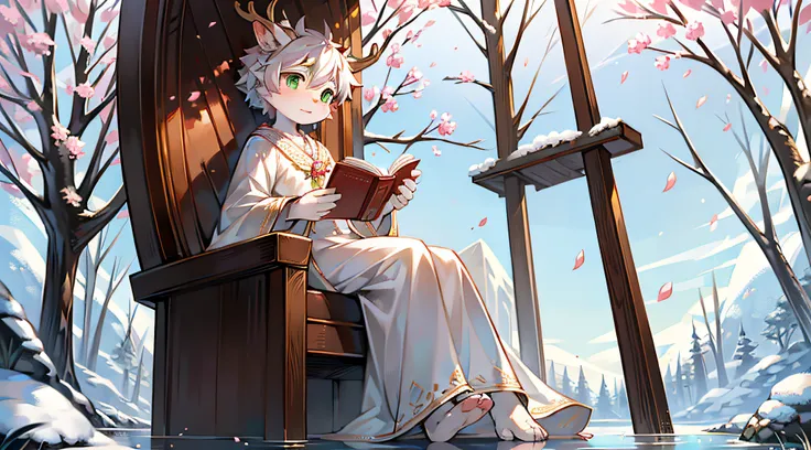 A white deer，Pear blossom tree，falling flower petals，flowing river，White robe，Green pattern，Sat down，snow covered，out a hand，ornate backdrop，Falling snowflakes，sitting  sideways，Reach for the snowflakes，k hd，solo person，arcadia，falling flower petals，Pink p...