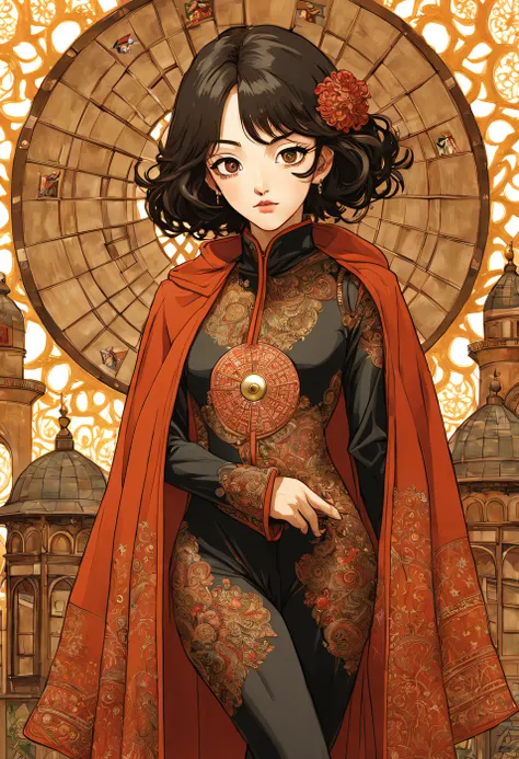 (The art of Hideyuki Kikuchi:1.1), Artistically：Satoshi kon, Digital art, Intricate, highly detailled texture, elegant, Gorgeous woman standing outside, full bodyesbian, Wearing a skinny merino wool bodysuit，Pair it with fortress accessories and long cloak...