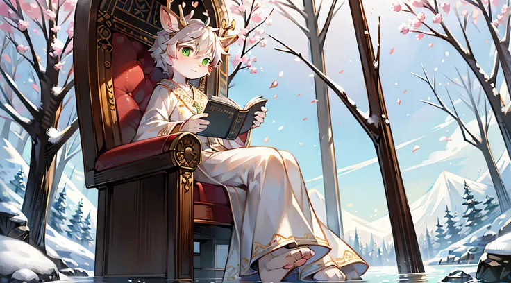 A white deer，Pear blossom tree，falling flower petals，flowing river，White robe，Green pattern，sitting on the stone，snow covered，out a hand，ornate backdrop，Falling snowflakes，sitting  sideways，Reach for the snowflakes，k hd，solo person，arcadia，falling flower p...