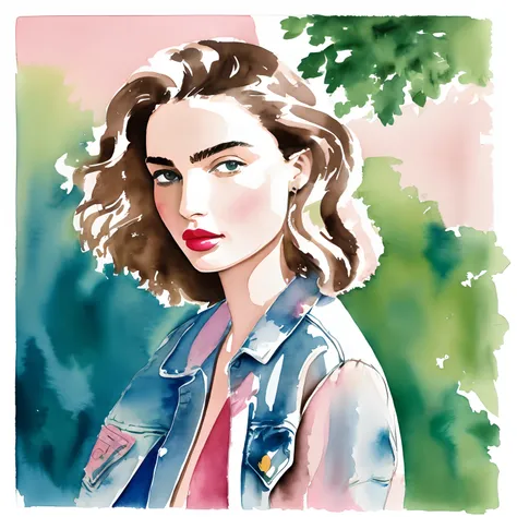 fashion illustration, David Downton watercolor drawing, light brown blonde bob thin hair 1woman, andreea diaconu, blue eyes, rose color lipstick, blue denim jacket, pink airy dress, street, green tree, bokeh, light and shadow, watercolor paper texture