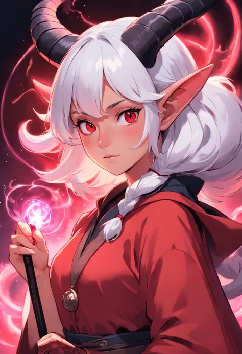 Detailed digital fantasy art, portrait of young female tiefling, dnd, red skin, holding magic staff, black eyes without pupils, black ram twisted horns, white hair, pink wizards coat, wide pole witch hat