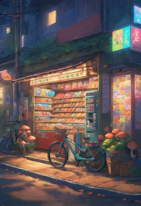 Dawn, suburban street, colorful houses, giant mushrooms, autumn leaves, bike, shops, Japanese inspired, vending machine,