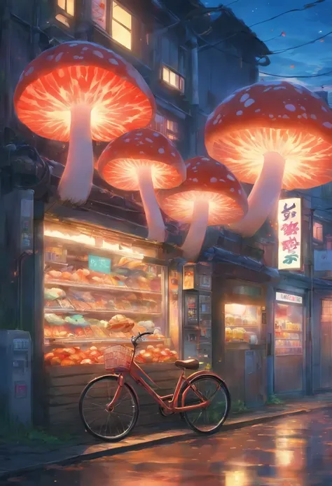 Dawn, suburban street, colorful houses, giant mushrooms, autumn leaves, bike, shops, Japanese inspired, vending machine,