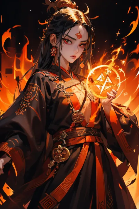 1MALE:1.5) (Handsome MALE:1.5) ((prepareing summoning magical ritual:1.5)) ((Summoning glowing golden magical runes in air:1.3)), (ancient black hanfu witht red ornates), (dark night) (DETAILED BACKGROUND) ((dark sanctuary background with fireflames in emb...