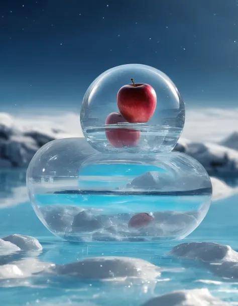 Glass-clear apples float on crystal clear water, winter, Blue sky,