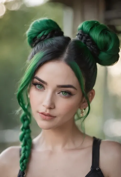 Jolyne Cujoh, green hair, black hair, braid, double hair bun, green eyes, green lipstick, full lips, wristband, tattoo, cowboy shot