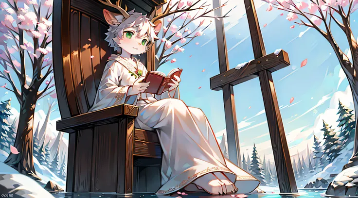 A white deer，Pear blossom tree，falling flower petals，flowing river，White robe，Green costume，sitting on the stone，snow covered，out a hand，ornate backdrop，Falling snowflakes，sitting  sideways，Reach for the snowflakes，k hd，solo person，arcadia，falling flower p...