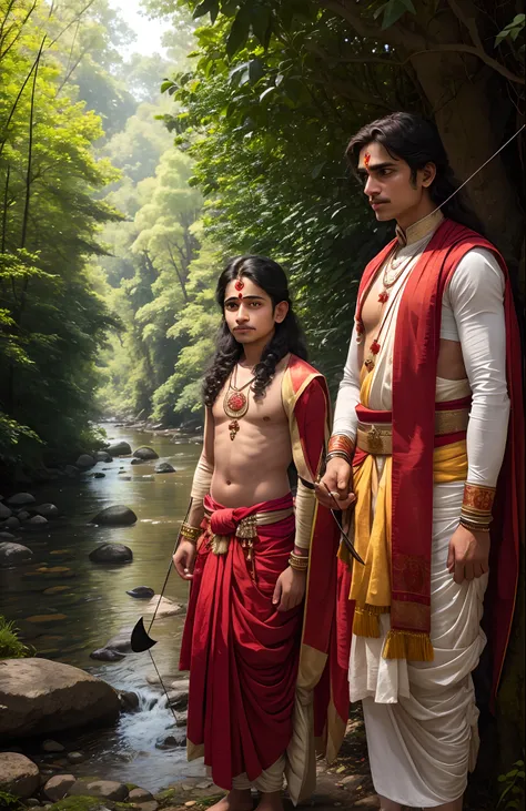 Two hindu young boy age 20 year, clean shaved, long haired, matted hairs, fair faces, pale and handsome, wearing indian ancient ornaments, and going in woods near a river, both have bow and arrow, smiley faces, wider chaste and narrow waist, ultra realisti...