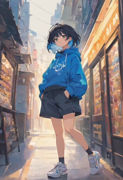 bobo head，Long black sweatshirt，denim short，White sneakers，Anime shoujo，On the street，Bright sunshine