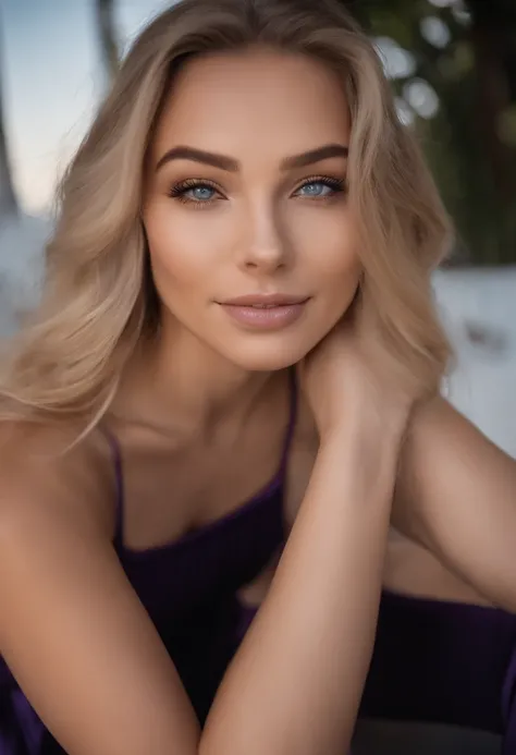 ... Woman with fitted bra and panties in purple, Sexy girl with blue eyes, portrait of sophie mudd, portrait of corinna kopf, blonde hair and big eyes, smile and braces on teeth, Selfie einer jungen Frau, Augen im club Violet Myers, ohne Makeup, Natural ma...