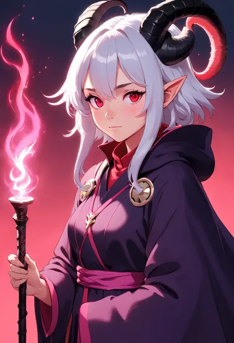 Detailed digital fantasy art, portrait of young female tiefling, dnd, skin is red, holding magic staff, solid black eyes, black ram twisted horns, white hair, pink wizards coat, wearing wide pole witch hat