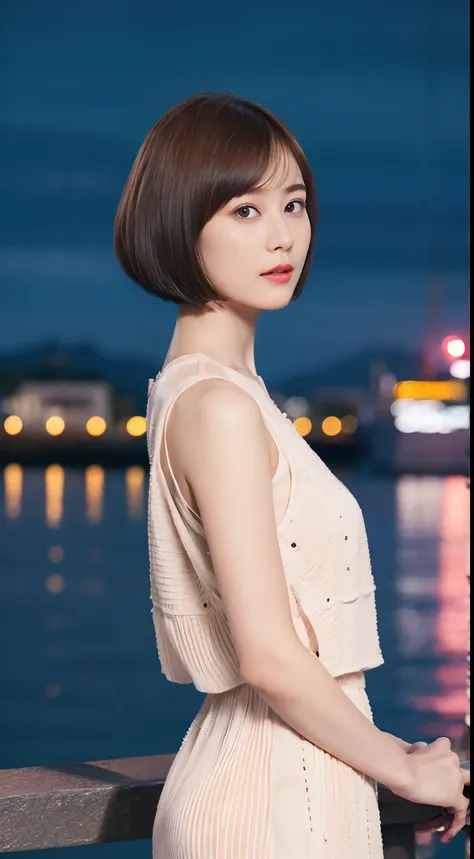 39
(Shorthair:1.23), (a 25yo woman), (A hyper-realistic), (Masterpiece), (8KUHD), Being in the harbor at night