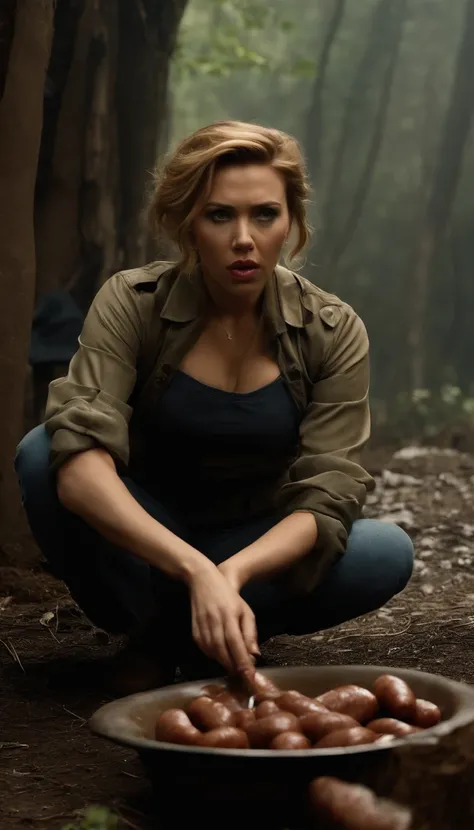 Scarlett Johansson Solindo，crouching , Full body, Rocco black , open mouth , eating sausage