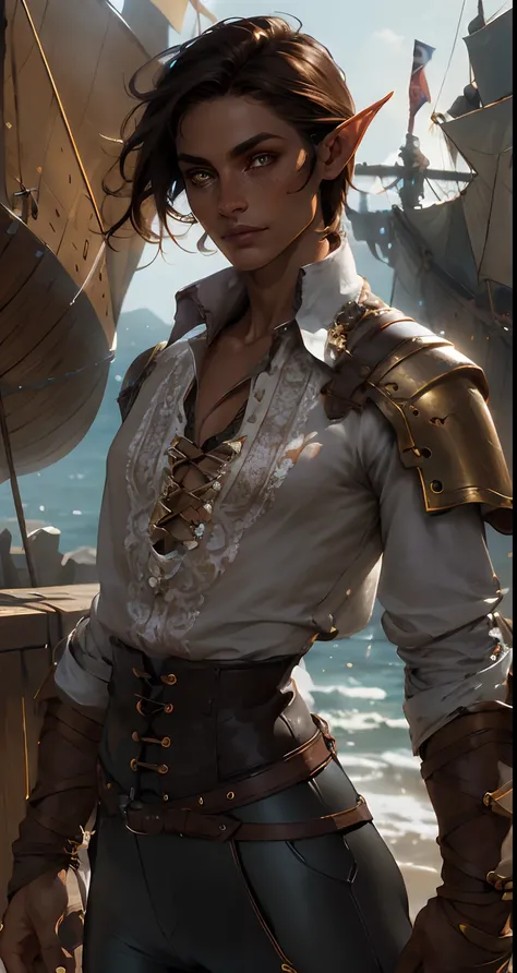 fentezi, pirates, Ship, The sea, Tanned elf with freckles, amber eyes, Short tousled dark hair, little chest, A scar on the cheekbone, plain white shirt, black leather pants, high boots, Around her neck is a golden stone, Behind her is a large greatsword, ...