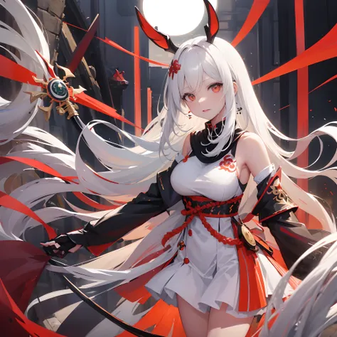 an image of demon with white hair and red eyes holding swords by an orange sun, arma, espada, chifres, 1girl, roupas japonesas, ...