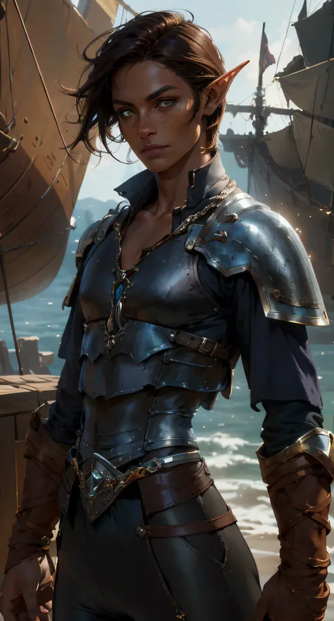 fentezi, pirates, Ship, The sea, Tanned elf with freckles, amber eyes, Short tousled dark hair, little chest, A scar on the cheekbone, plain white shirt, black leather pants, high boots, Around her neck is a golden stone, Behind her is a large greatsword, ...