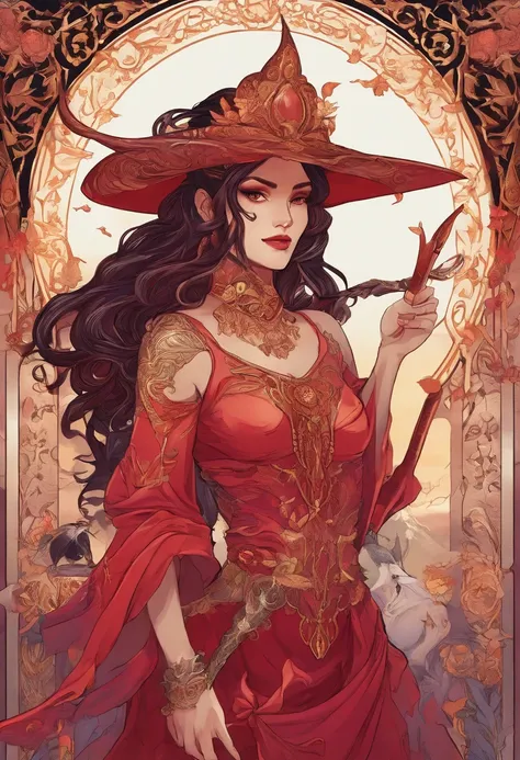 (best quality,4k,8k,highres:1.2),ultra-detailed,detailed digital fantasy art,portrait of red skin young female tiefling,dnd,holding magic staff,solid black eyes,red skin,black ram twisted horns,white hair,pink wizards coat,wide pole witch hat,fine texture ...