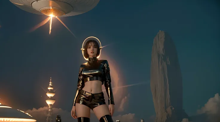 mulher loira, mulher jovem, coxas grossas, usando shorts curtos skintight de latex preto, seios nus, seios grandes, mamilos rosados, Pele de Porcelana, NSFW, Standing in front of a flying saucer, Flying saucer hovering in the sky in a science fiction movie...