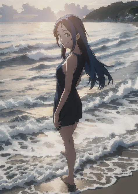 Anime style、Sunset beach、girl with、Blue-haired、Long、Reaching out to us、a smile