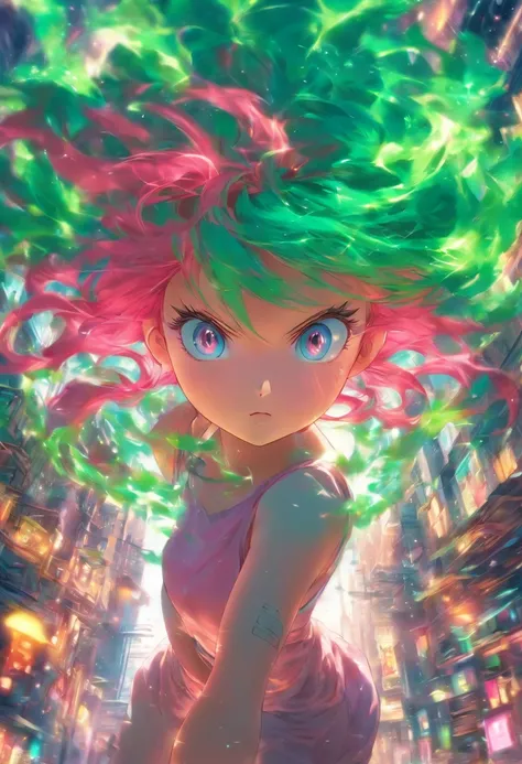 foreshortening,  profundidade de campo, master part, best quality, 1girl, pink hair, olhos verde azulado,  cabelos medios, flutuando,raios rosas, sozinho, Olhando para o Viewer,vestido rosa, voando,  luz solar fraca,