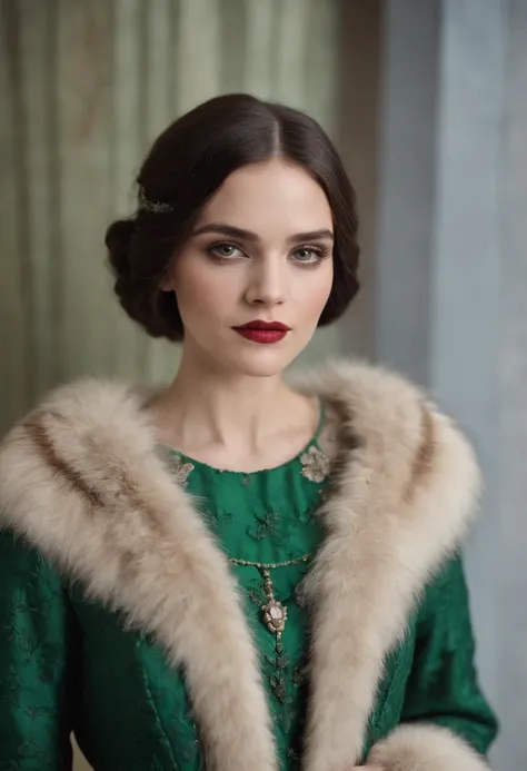 Portrait model in green Chanel embroidered 1920s dress and fur coat